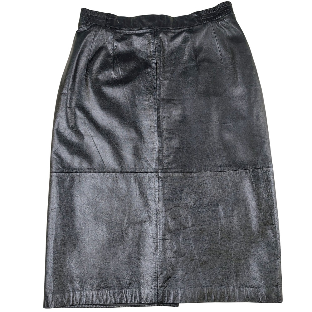 Diversity Vintage Black Genuine Leather Midi Skirt Elastic Waist Size 12